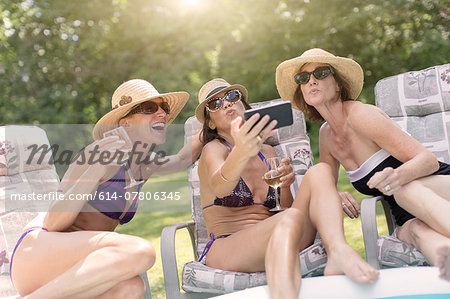 Three mature women taking self portrait using smartphone