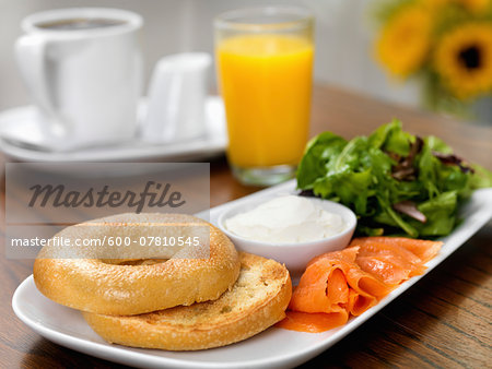 Smoked Salmon, Cream Cheese and Bagel with side of Mixed Greens Salad, Orange Juice and Coffee