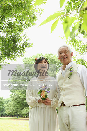 Senior adult Japanese couple in a park