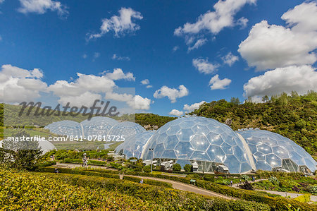 The Eden Project, the complex consists of huge greenhouse domes simulating different biomes from around the world, St. Austell, Cornwall, England, United Kingdom, Europe