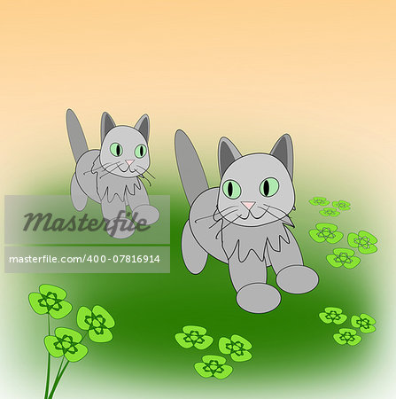 Two little cats playing on a clover meadow.