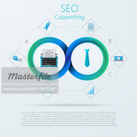 Blue infinity sign with silhouette SEO and copywriting signs around. Vector infographic with Mobius ribbon and place for your text.