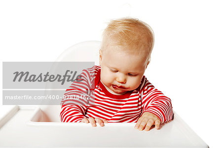 Portrait of baby tired after eating. Isolated on white background.