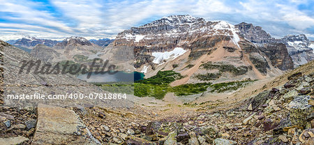 Mountain range panorama with lake in Banff national park, Rocky mountains, Canada