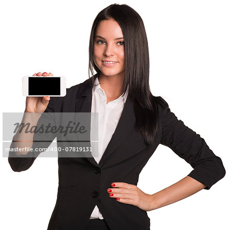 Beautiful businesswomen in suit showing smart phone. Isolated on white background