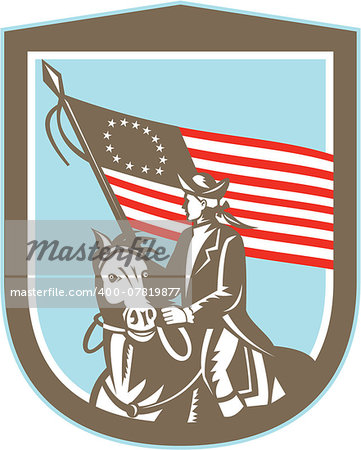 Illustration of an American revolutionary soldier military serviceman riding a horse holding USA stars and stripes flag set inside shield crest on isolated background done in retro style.