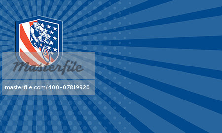 Business card showing illustration of a bicycle bike rider viewed from high angle with usa stars and stripes background set inside shield crest done in retro style.