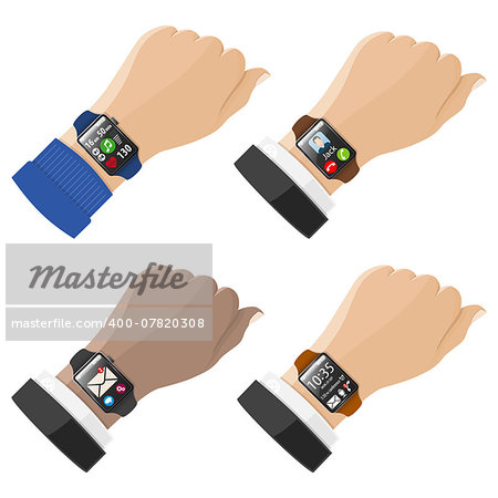 Set Smart Watches on Hands with various applications. Vector isolated on white background.