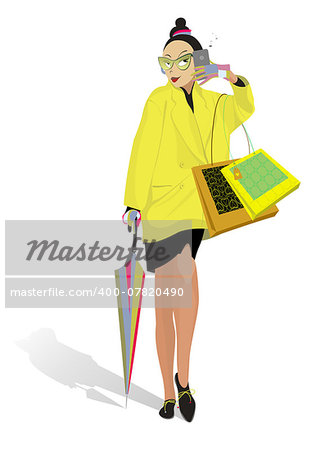 A women with smart phone, bags and umbrella goes shopping