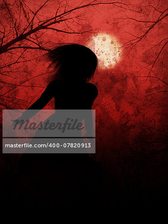 Woman in leather coat on red background with moon and trees.