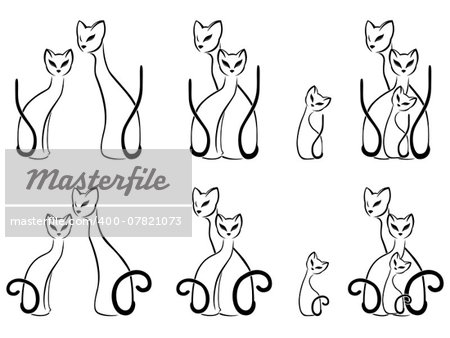 Set of contour sketches of cat families, cartoon vector illustration over white background