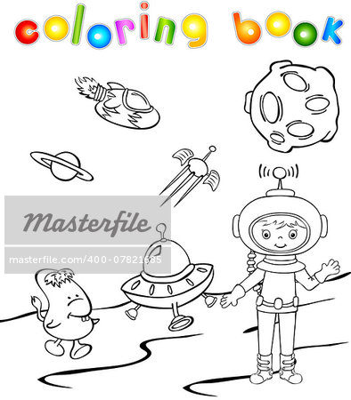 Astronaut and space monster near the rocket. Coloring book