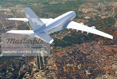 Big white airplane. Aerial view of cityscape