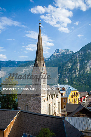 View of Hallstatt Christuskirche church bell tower, Hallstatt, Austria