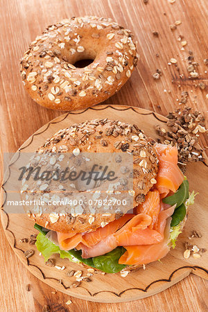 Delicious bagel with smoked salmon. Traditional amercan healthy eating.