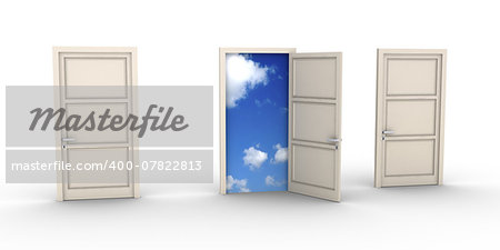 Three doors but one is opened and the blue sky appears