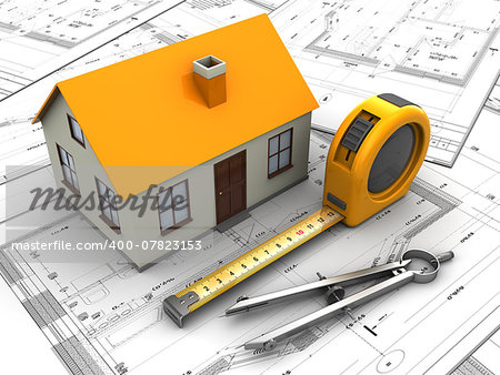 3d illustration of house model and blueprints