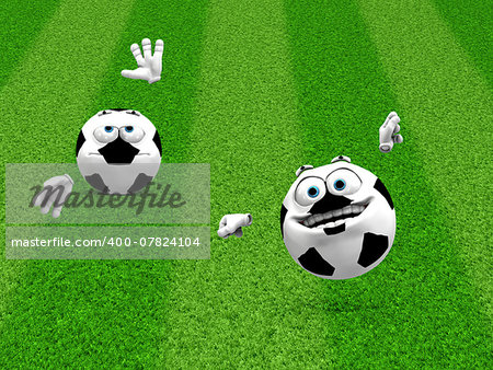 Illustration of 3d soccer ball smilies on green grass.