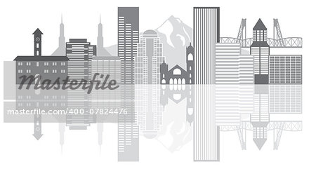 Portland Oregon Outline Silhouette with City Skyline Downtown Panorama GrayscaleReflection Isolated on White Background Illustration