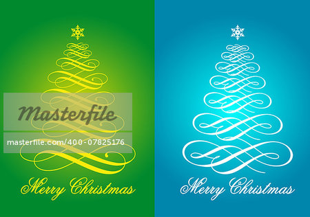 Blue and green Christmas cards with flourish Xmas trees, vector set