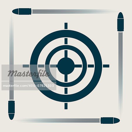 Blue vector practice target symbol with flying bullets