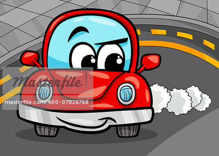 Cartoon Illustration of Funny Retro Car Vehicle Character on the Road