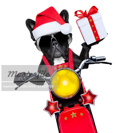 santa claus dog on motorbike bringing presents or gifts to everyone