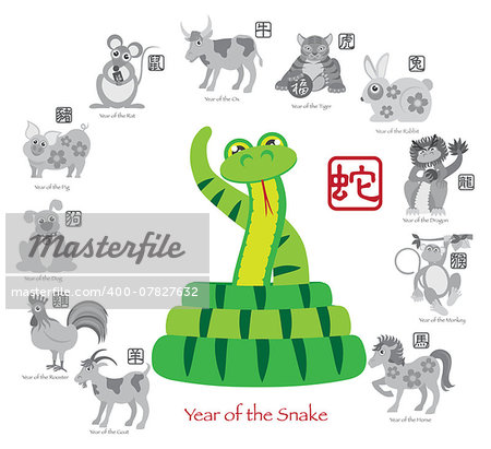 Chinese New Year of the Snake Color with Twelve Zodiacs with Chinese Text Seal in Circle Grayscale Illustration