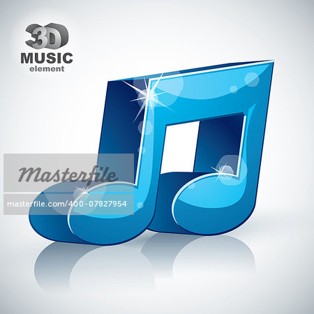 Trendy blue musical note 3d modern style icon isolated, 3d music element, image contain transparent shadows reflections and flares  â?? ready to put over any background.