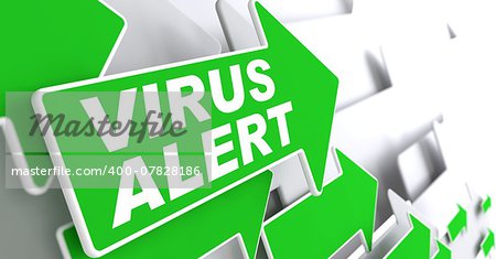 Virus Alert on Direction Sign - Green Arrow on a Grey Background.