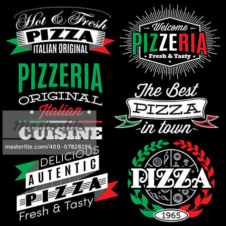 vector set of badges with inscriptions for the pizza menu