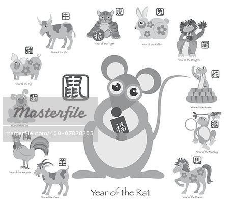 Chinese New Year of the Rat with Twelve Zodiacs with Chinese Symbol for Rat Ox Tiger Dragon Rabbit Snake Monkey Horse Goat Rooster Dog Pig Text in Circle Grayscale Illustration