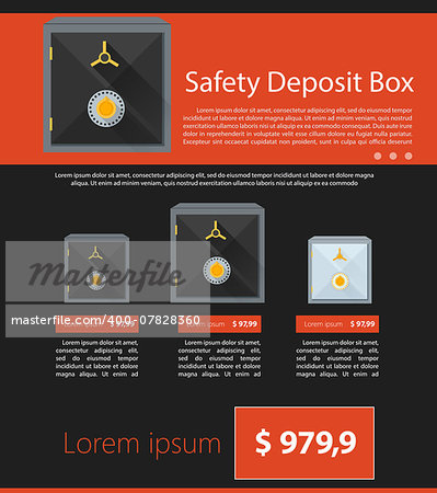 Flat vector illustration of black and gray safe deposit with sample text and price on black and red background.