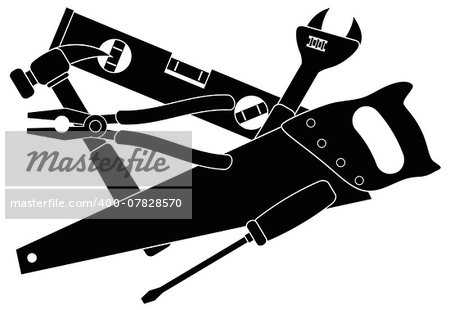 Construction Carpentry Tools Hammer Level Wrench Pliers Wood Saw Screw Driver in Black Isolated on White Background Illustration