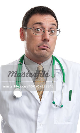 portrait of surprised doctor isolated on a white background