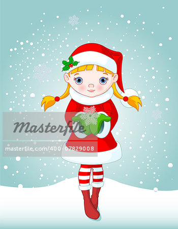 Cute Snow-maiden holding a beautiful Snowflake on snowing background