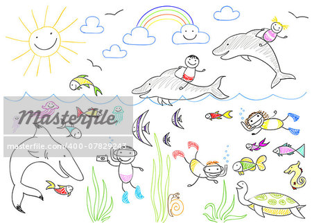 Happy children and sea animals. Sketch on notebook page