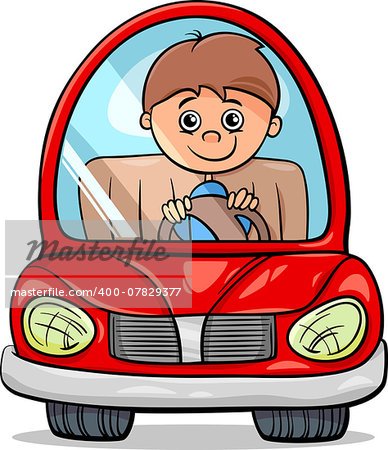 Cartoon Illustration of Cute Boy in Toy Electric Car
