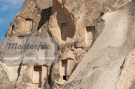 Detail of the ancient  homes dug into the mountains, Cappadocia, Turkey