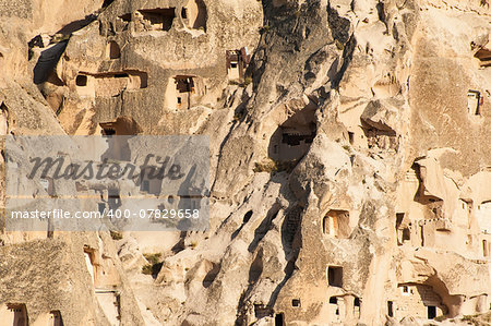 Detail of the ancient  castle of Uchisar dug from a mountains, Cappadocia, Turkey
