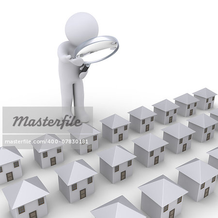 3d person with magnifier looking at many houses in a row