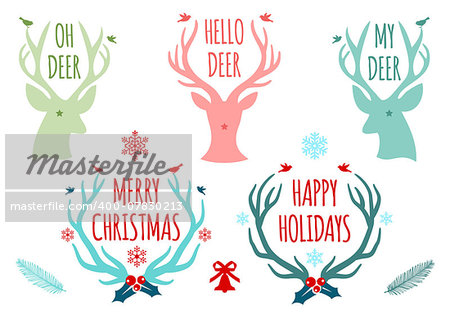 merry christmas with deer heads and antlers, set of vector design elements