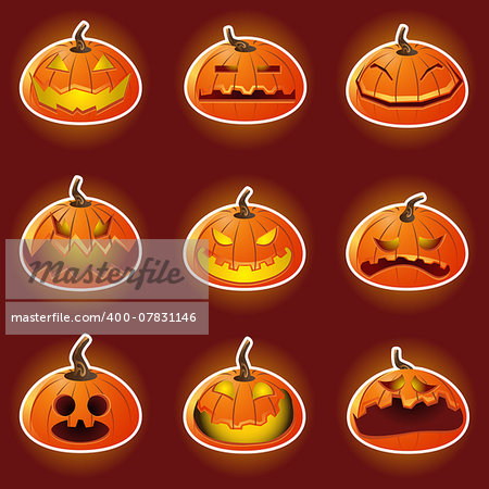 Collection Sets of Halloween Pumpkin Character Emoticon Icons.  Contains smiley face, happy, sad, crying, angry, and many more.