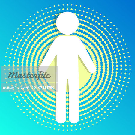 White vector man icon on blue halftone background
