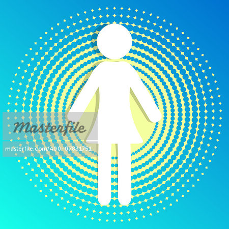 White vector woman icon on blue halftone background