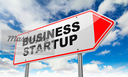 Business Startup - Inscription on Red Road Sign on Sky Background.