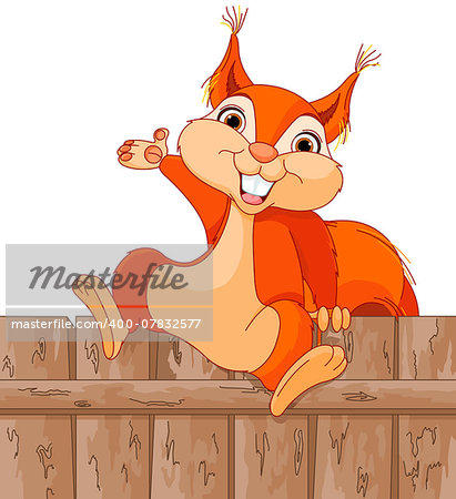 Illustration of funny squirrel jumps over a fence