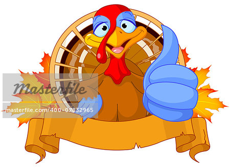 Illustration of cute turkey shows thumb up