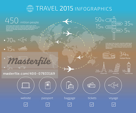 Contour drawing of travel infographic template. Text outlined. Free font used - Exo 2 and Open Sans