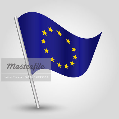 vector 3d waving eu flag on pole - national symbol of european union with inclined metal stick